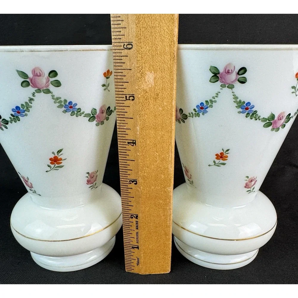 Lot Of 2 Vintage Czech White Porcelain Trumpet Style Vases Floral Pink Rose